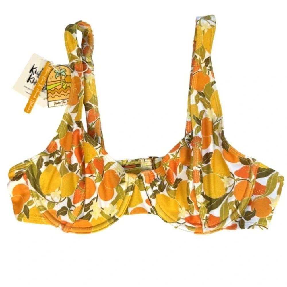 NWT Kulani Kinis Underwire Bikini Top Citrus Yellow Lemon Swim Set Size L